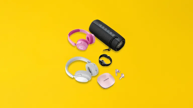 Pink headphones, grey headphones, smart watch, bluetooth speaker
